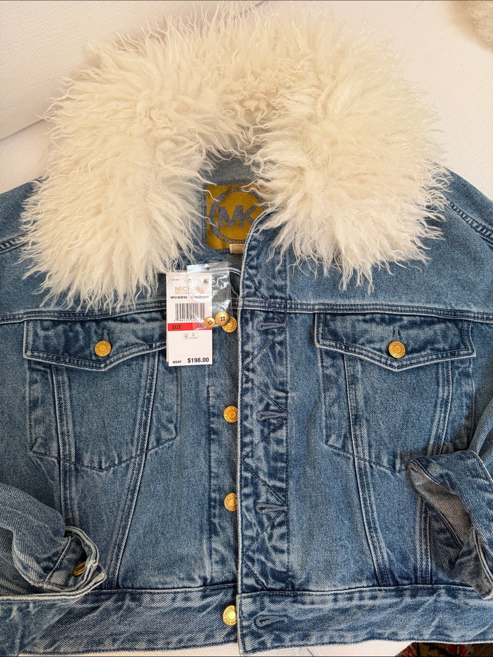 Michael Kors Blue Denim Jacket with Cream Faux Shearling Collar size xs/s